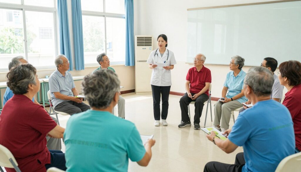 Grupo de idosos participando de oficina de saúde do Plano para idosos MedSenior Grupo de idosos participando de oficina de saúde do Plano para idosos MedSenior