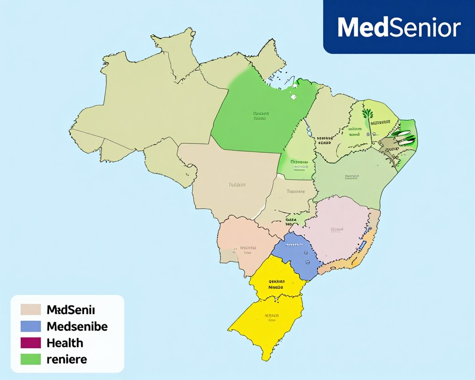 Mapa mostrando a abrangência regional dos planos MedSenior no Brasil Mapa mostrando a abrangência regional dos planos MedSenior no Brasil