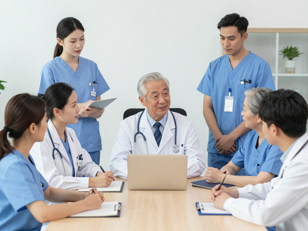 Médicos e enfermeiros da rede própria MedSenior em reunião de equipe Médicos e enfermeiros da rede própria MedSenior em reunião de equipe