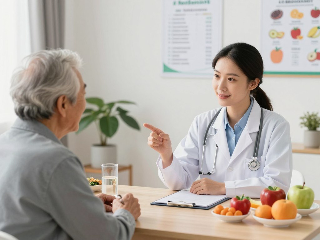 Nutricionista do Plano para idosos MedSenior orientando paciente sobre alimentação saudável Nutricionista do Plano para idosos MedSenior orientando paciente sobre alimentação saudável